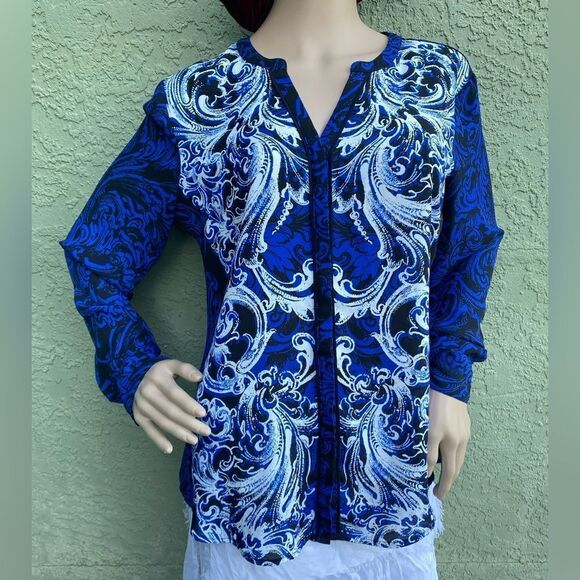 EUC DANA BUCHMAN Blue/Black Boho V-Neck Button Up Long Sleeve Blouse Size 6 - Picture 1 of 13